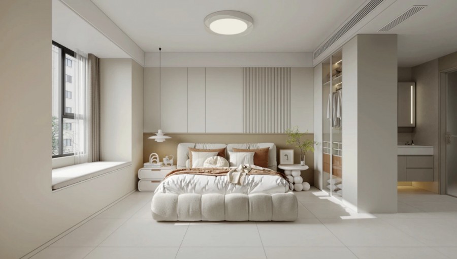 現代奶油風三居室臥室裝修效果圖