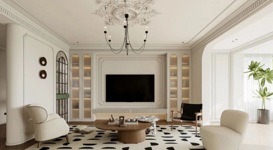 奶油中古風三居室客廳裝修效果圖