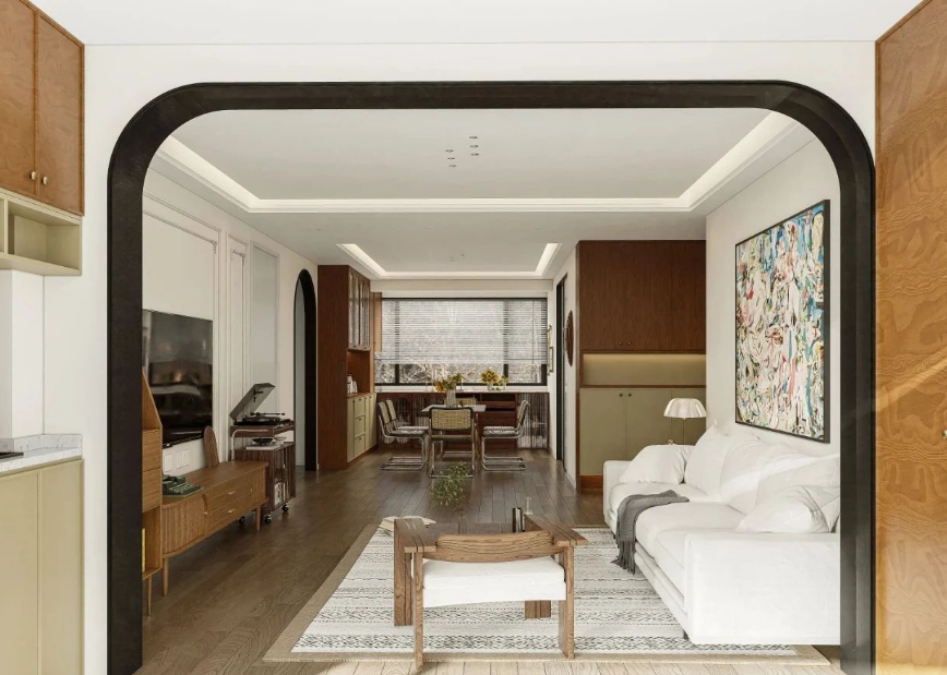 現代中古風三居室客廳裝修效果圖